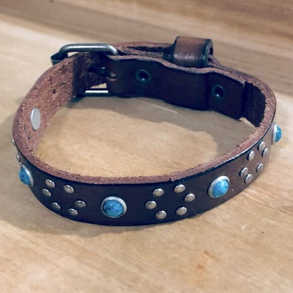 Turquoise Studded Leather Strap Buckle Boho Cuff Bracelet - Picture 2 of 4